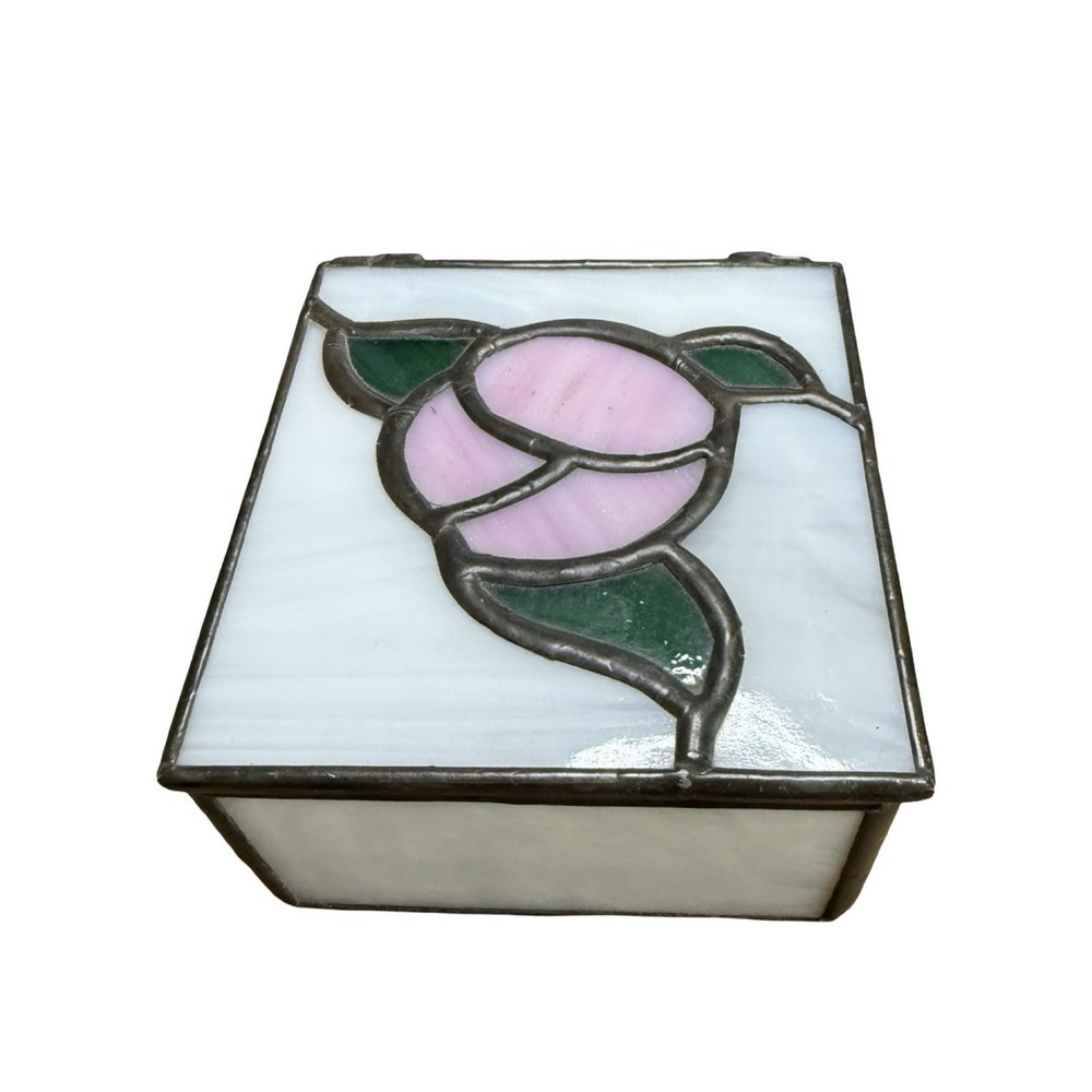 Vintage Stained Glass Rose Jewelry Trinket Box square 3"x3"